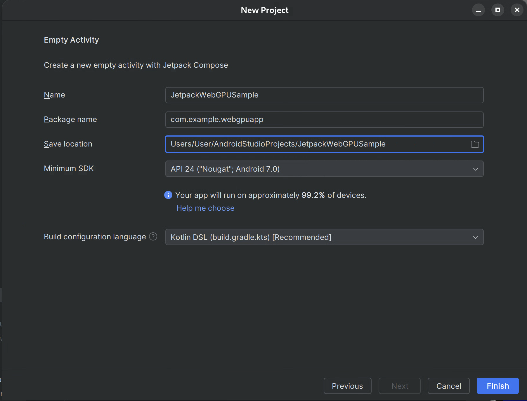 El diálogo Empty Activity de Android Studio que contiene campos para completar la nueva actividad vacía, como Nombre, Nombre del paquete, Ubicación de almacenamiento y SDK mínimo.